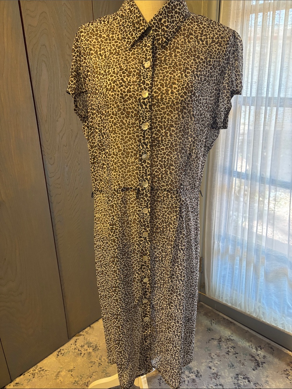JBS Sheer Leopard Midi Dress Button Down Collared